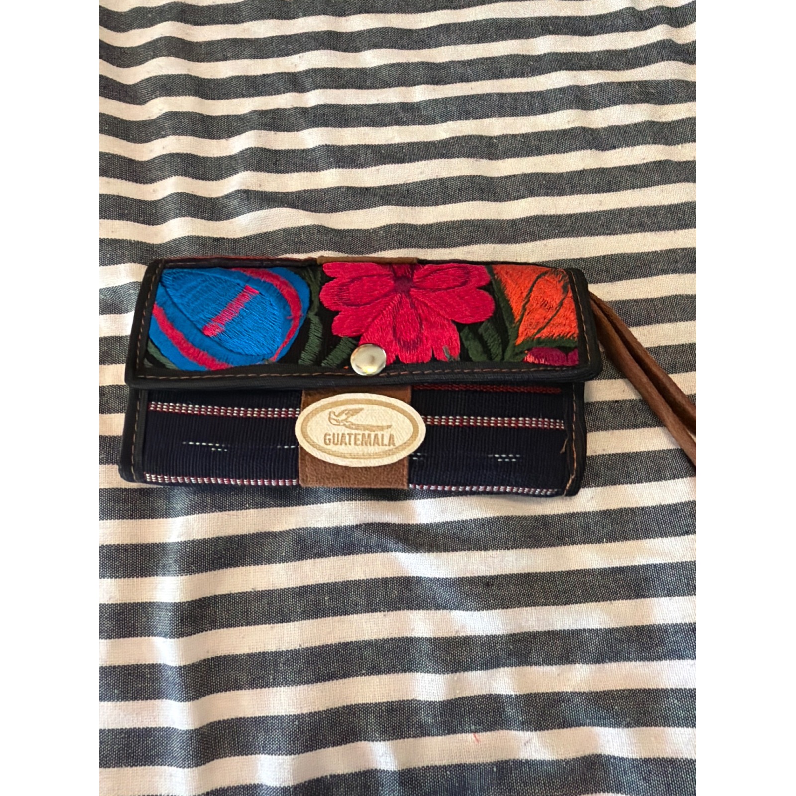 Guatemala Hand Embroidered Floral Woven Textile Wristlet Wallet Navy Blue Boho